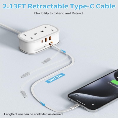 Portable Travel Charging Socket with Retractable USB C Cable