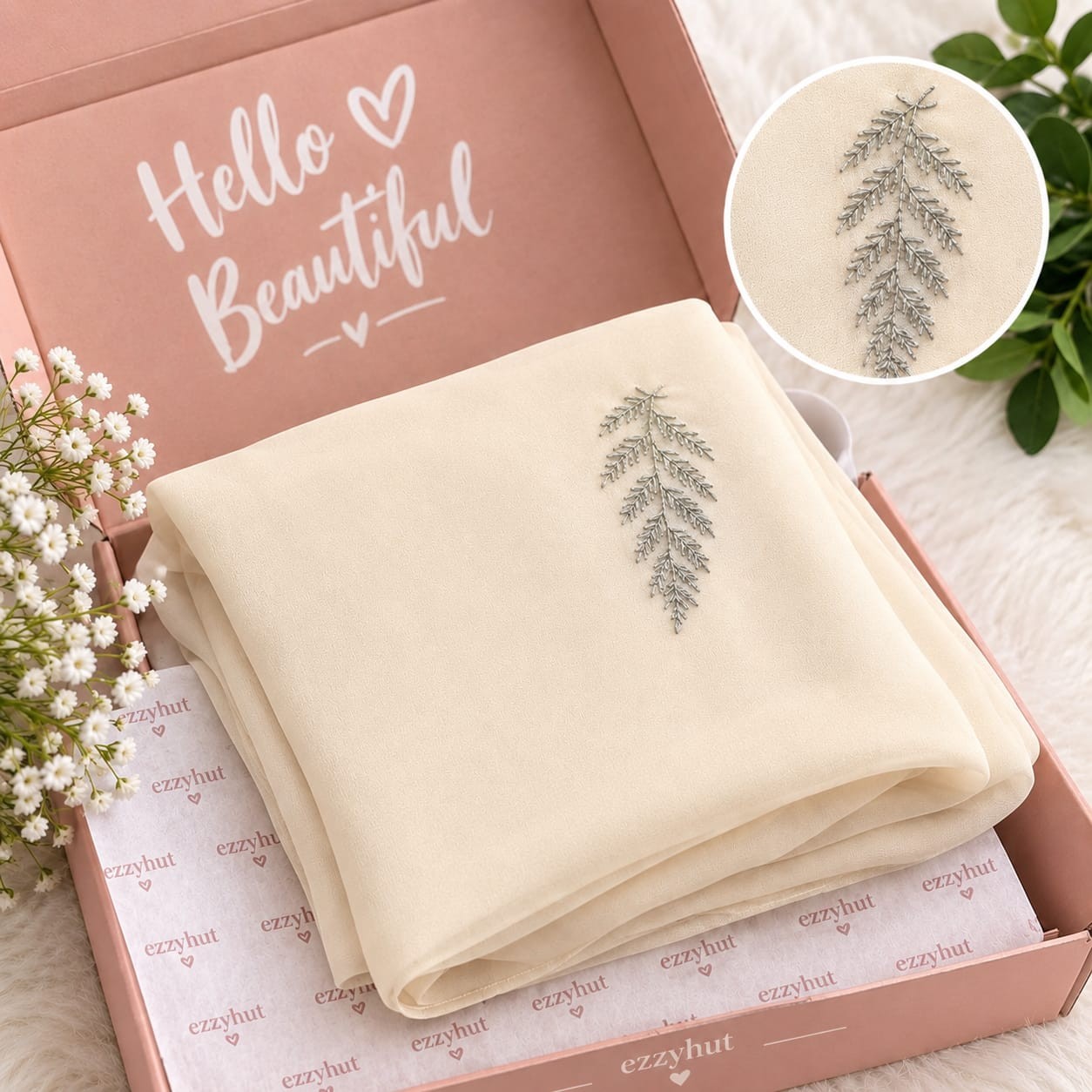 Embroidered Silk Chiffon Hijab – 2 Piece Combo Set