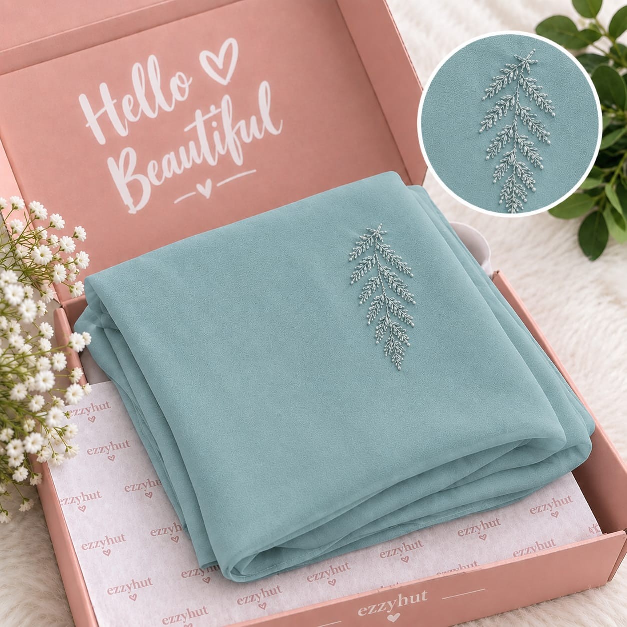 Embroidered Silk Chiffon Hijab – 2 Piece Combo Set