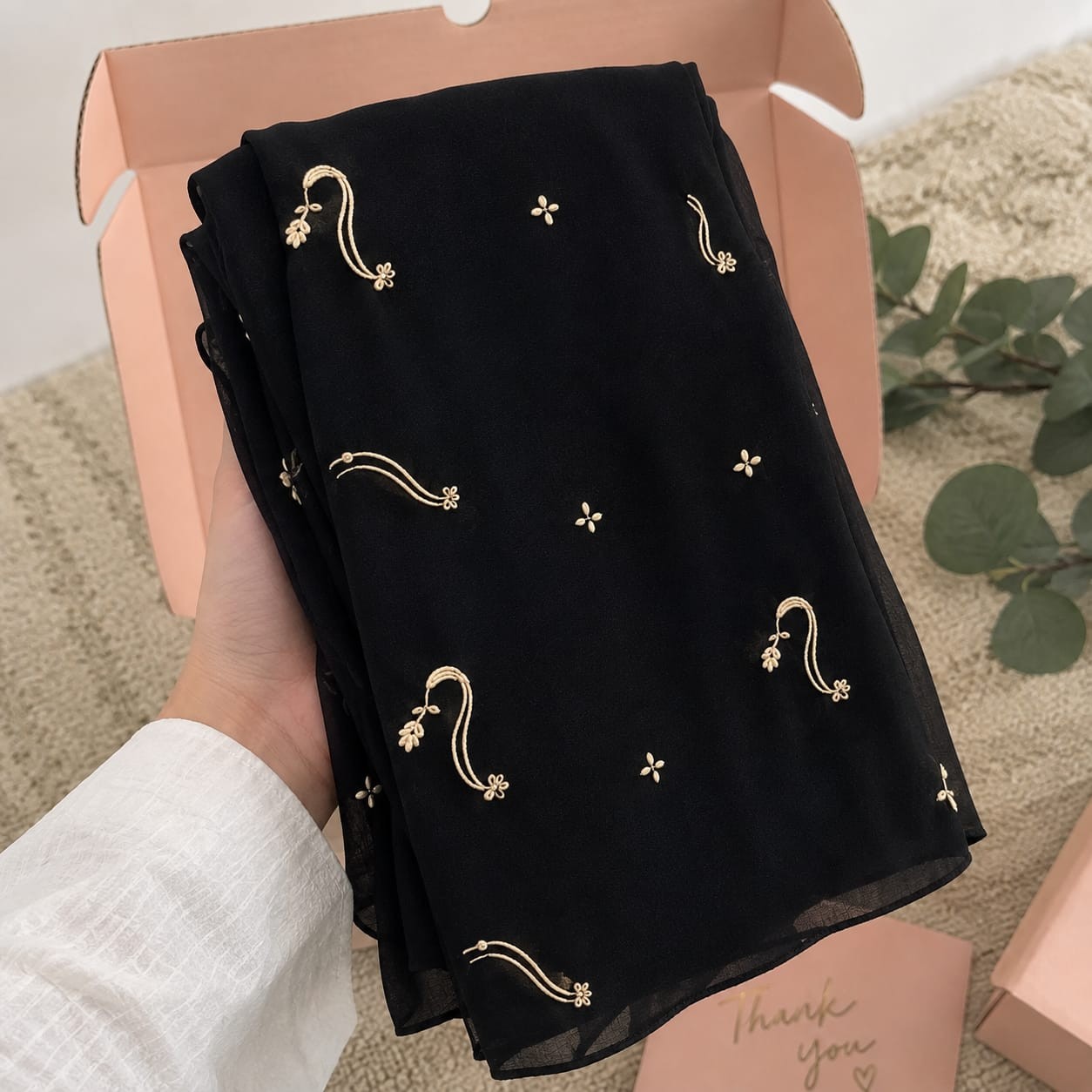 Embroidered Silk Chiffon Hijab – 2 Piece Combo Set